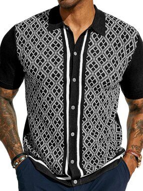Men's Black 70s Vintage Polo Contrast Knitted Retro Top Casual Shirt